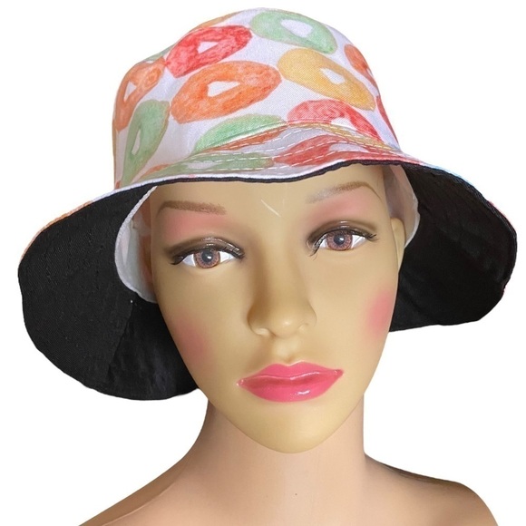 Colorful Printed  Bucket Hat Festive Fun Fruit Loop Bucket Hat w Sweatband NWOT - Picture 7 of 9